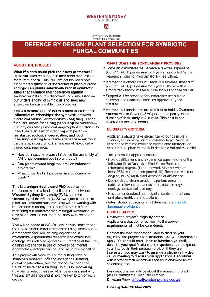 Adam Frew (@frewecologist) on Twitter photo What if plants could pick their own fungal protectors?! ⚔️🌱
We're looking for a PhD student for a unique dual PhD. Based <a href="/westernsydneyu/">Western Sydney University</a> & spend 12-18 months <a href="/sheffielduni/">The University of Sheffield</a> . You will work with me and with Profs Katie Field, Scott Johnson, Jeff Powell, and Jurriaan Tonn. What if plants could pick their own fungal protectors?! ⚔️🌱
We're looking for a PhD student for a unique dual PhD. Based <a href="/westernsydneyu/">Western Sydney University</a> & spend 12-18 months <a href="/sheffielduni/">The University of Sheffield</a> . You will work with me and with Profs Katie Field, Scott Johnson, Jeff Powell, and Jurriaan Tonn.
