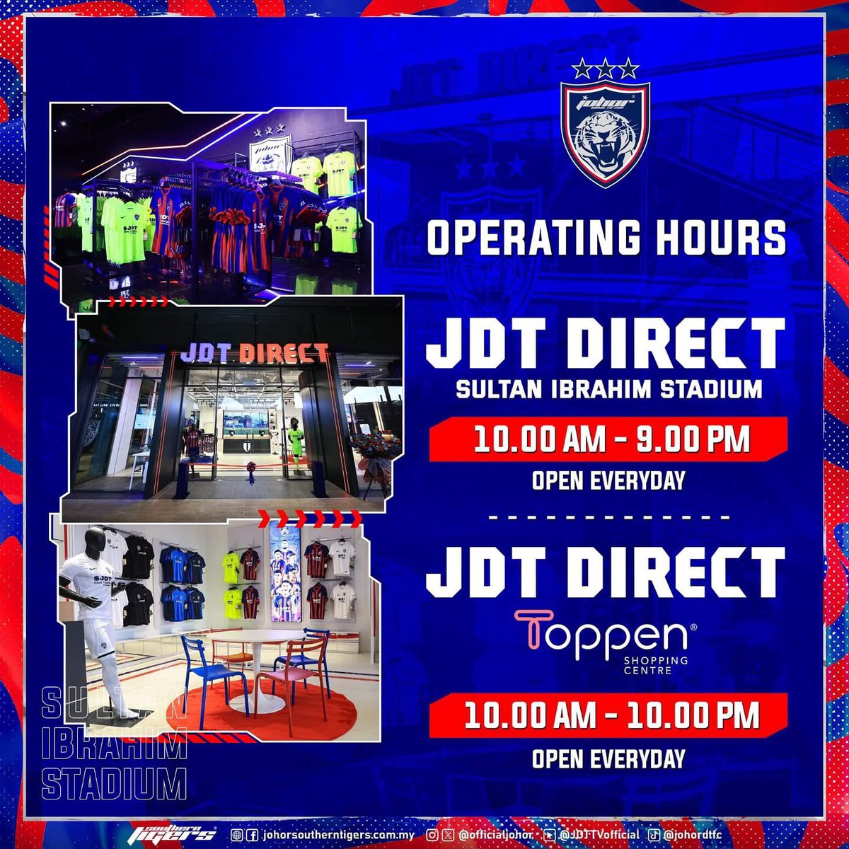 VISIT JDT DIRECT FOR JDT OFFICIAL MERCHANDISE

Hidup Johor Demi Johor
#WhatCanYouDo
#TheTMJeffect
#HarimauSelatan
#SouthernTigers
#PermataSelatan
#JewelOfTheSouth
#JDTuntukSemua
#JDTforAll