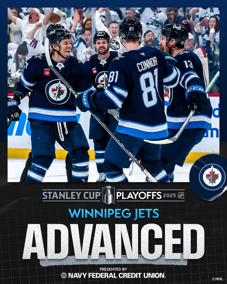 NHL (@nhl) on Twitter photo THE JETS WIN #GAME7 AND ADVANCE ✈️
For the first time since 2021, the <a href="/NHLJets/">Winnipeg Jets</a> are through to the Second Round! #StanleyCup
Presented by <a href="/NavyFederal/">Navy Federal Credit Union</a> THE JETS WIN #GAME7 AND ADVANCE ✈️
For the first time since 2021, the <a href="/NHLJets/">Winnipeg Jets</a> are through to the Second Round! #StanleyCup
Presented by <a href="/NavyFederal/">Navy Federal Credit Union</a>