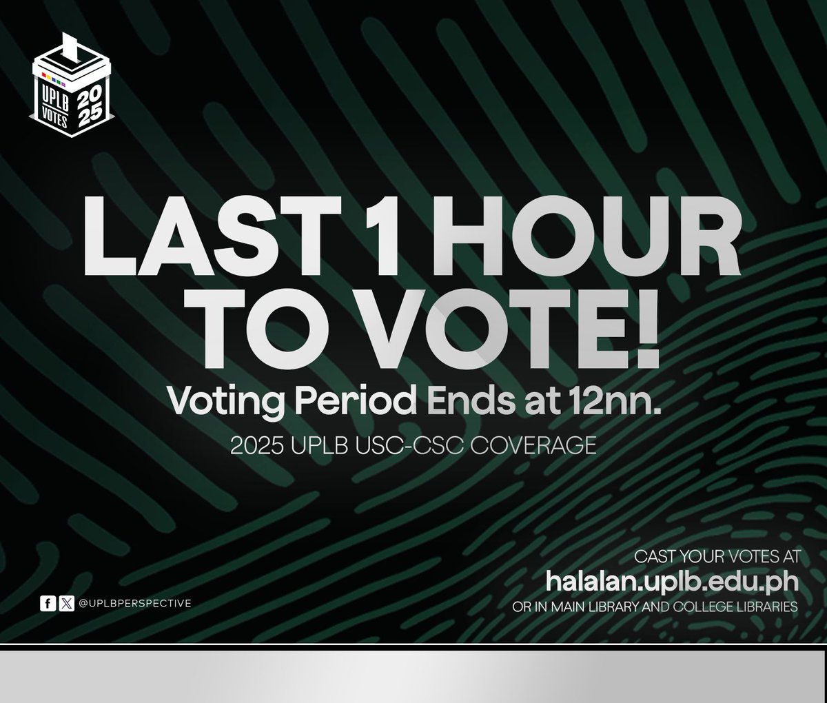 UPLB students, last one hour to vote!

The halalan site for the 2025 USC-CSC Elections is open until 12nn today.

Voting can be done through halalan.uplb.edu.ph.

#UPLBvotes
#UPLBElex2025