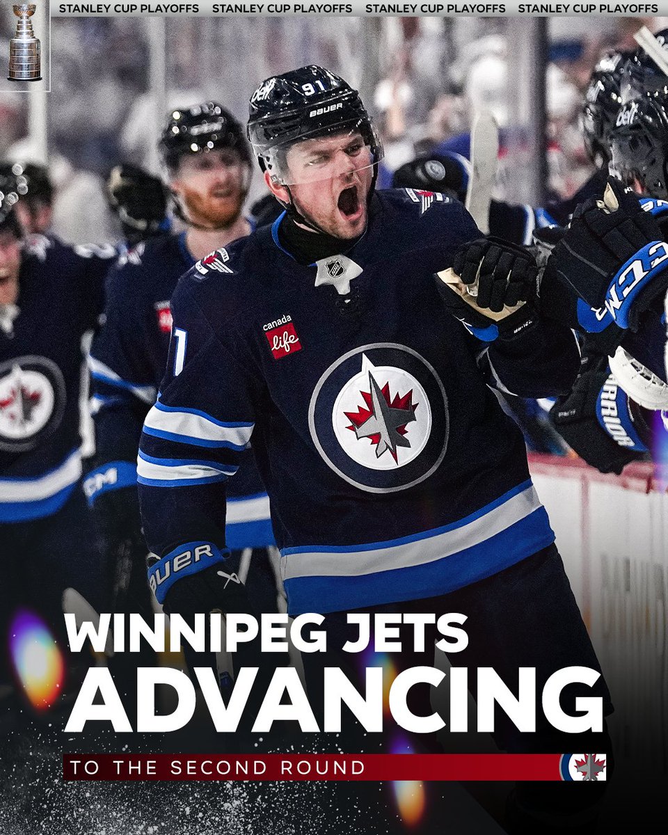 espn's tweet image. THE JETS COMPLETE THE LATE GAME 7 COMEBACK WITH A MIRACLE 2OT WIN 😱

They&apos;ll face the Dallas Stars in the second round 🔥