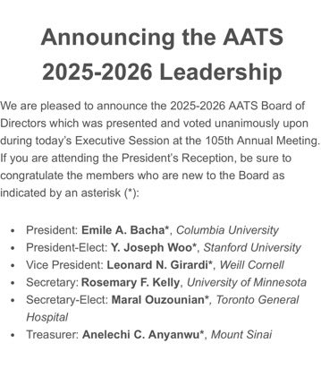 Dr. Gilbert Tang (@gilberttangmd) on Twitter photo Congrats to the new <a href="/AATSHQ/">AATS</a> leadership 2025-2026! Esp happy for my friend <a href="/OuzounianMD/">Maral Ouzounian</a> and my dear <a href="/MountSinaiNYC/">Mount Sinai Health System</a> <a href="/IcahnMountSinai/">Icahn School of Medicine at Mount Sinai</a> colleague Dr Ani Anyanwu!
Great meeting #AATS25! Congrats to the new <a href="/AATSHQ/">AATS</a> leadership 2025-2026! Esp happy for my friend <a href="/OuzounianMD/">Maral Ouzounian</a> and my dear <a href="/MountSinaiNYC/">Mount Sinai Health System</a> <a href="/IcahnMountSinai/">Icahn School of Medicine at Mount Sinai</a> colleague Dr Ani Anyanwu!
Great meeting #AATS25!