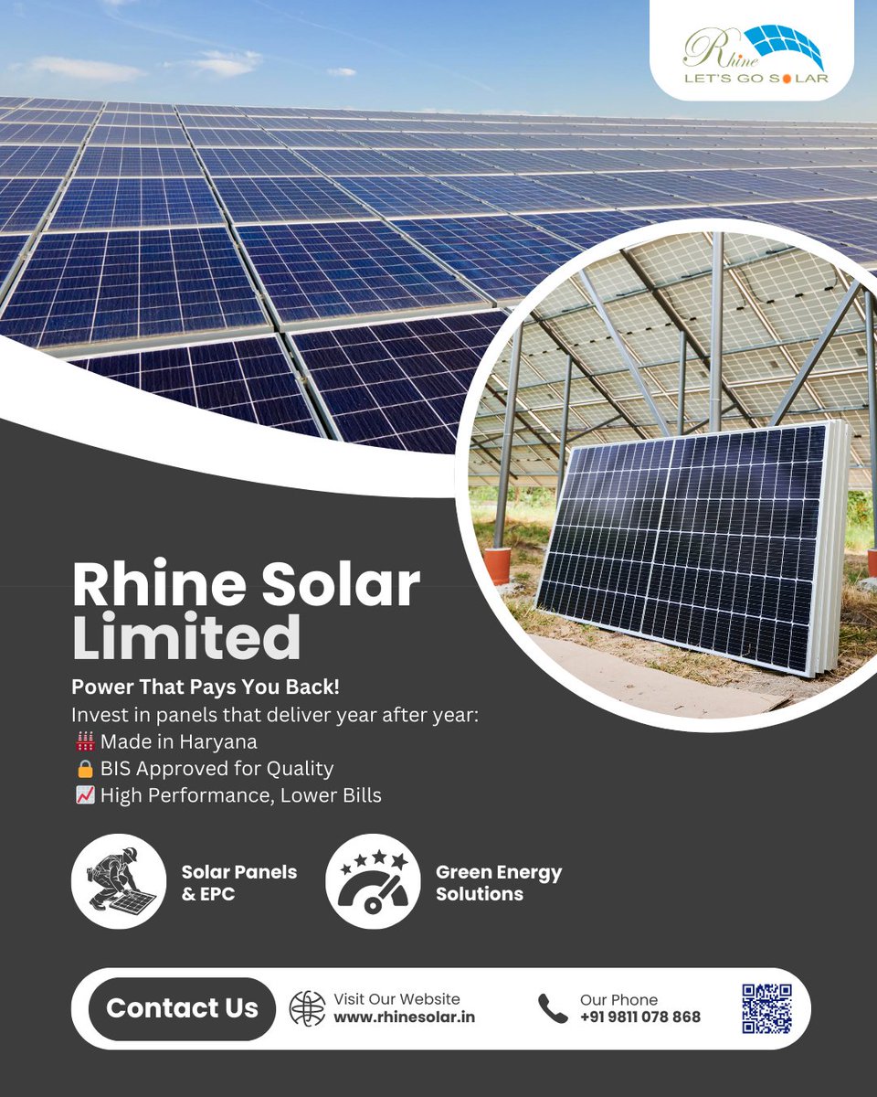 Rhinesolar's tweet image. Rhine Solar – Power That Pays You Back! 💰🔋
Invest in panels that deliver year after year:
🏭 Made in Haryana
🔒 BIS Approved for Quality
📈 High Performance, Lower Bills

+91 98110 78868

#SolarThatWorks #SmartInvestment #SolarHaryana #RhineSolarIndia #PowerUpSmart