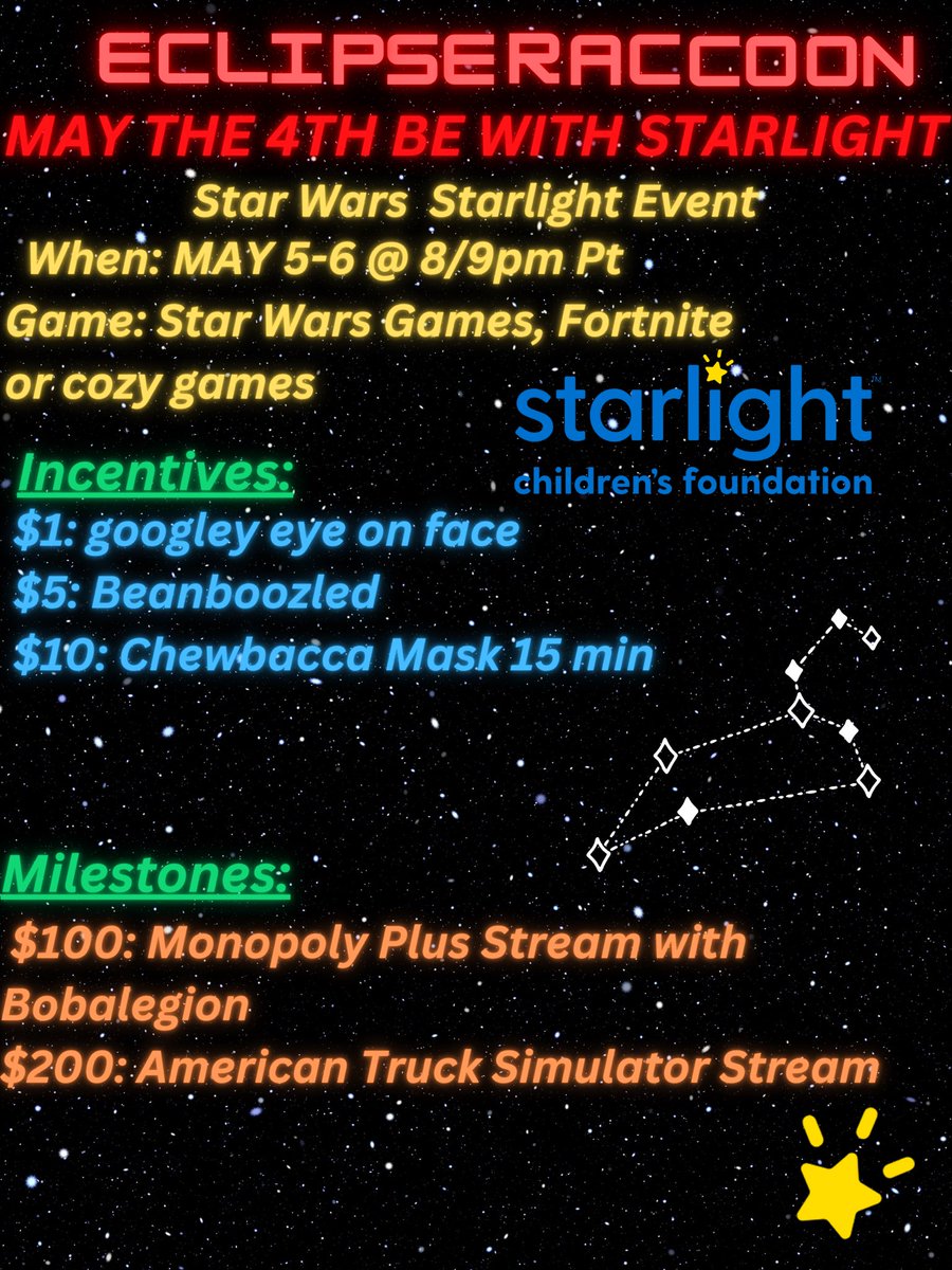Nicole (@eclipseraccoon) on Twitter photo SURPRISE! I will be going live for <a href="/StarlightUS/">starlightUS</a> for their mini event for Star Wars day! Was also gonna go live tonight but Iām a bit on the tired side so I wonāt be live tonight, so Iāll just be live the 5th and the 6th!! Letās do this for the kids!! SURPRISE! I will be going live for <a href="/StarlightUS/">starlightUS</a> for their mini event for Star Wars day! Was also gonna go live tonight but Iām a bit on the tired side so I wonāt be live tonight, so Iāll just be live the 5th and the 6th!! Letās do this for the kids!!