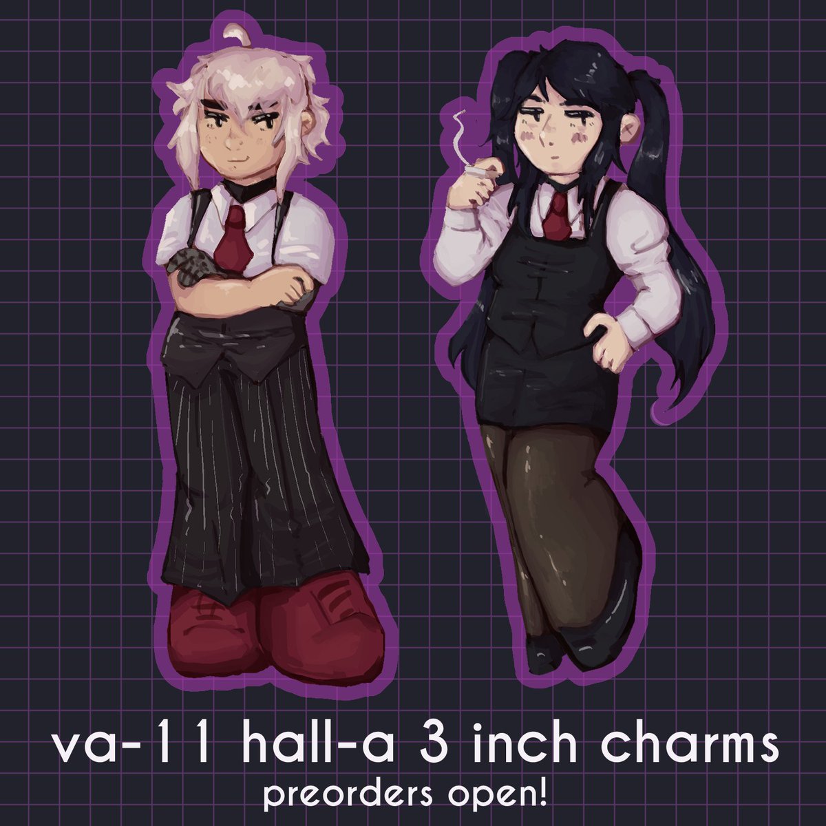 va-11 hall-a jill stingray and dana zane charms preorder!! they are in production now! smugcomputer.etsy.com [ #va11halla ]
