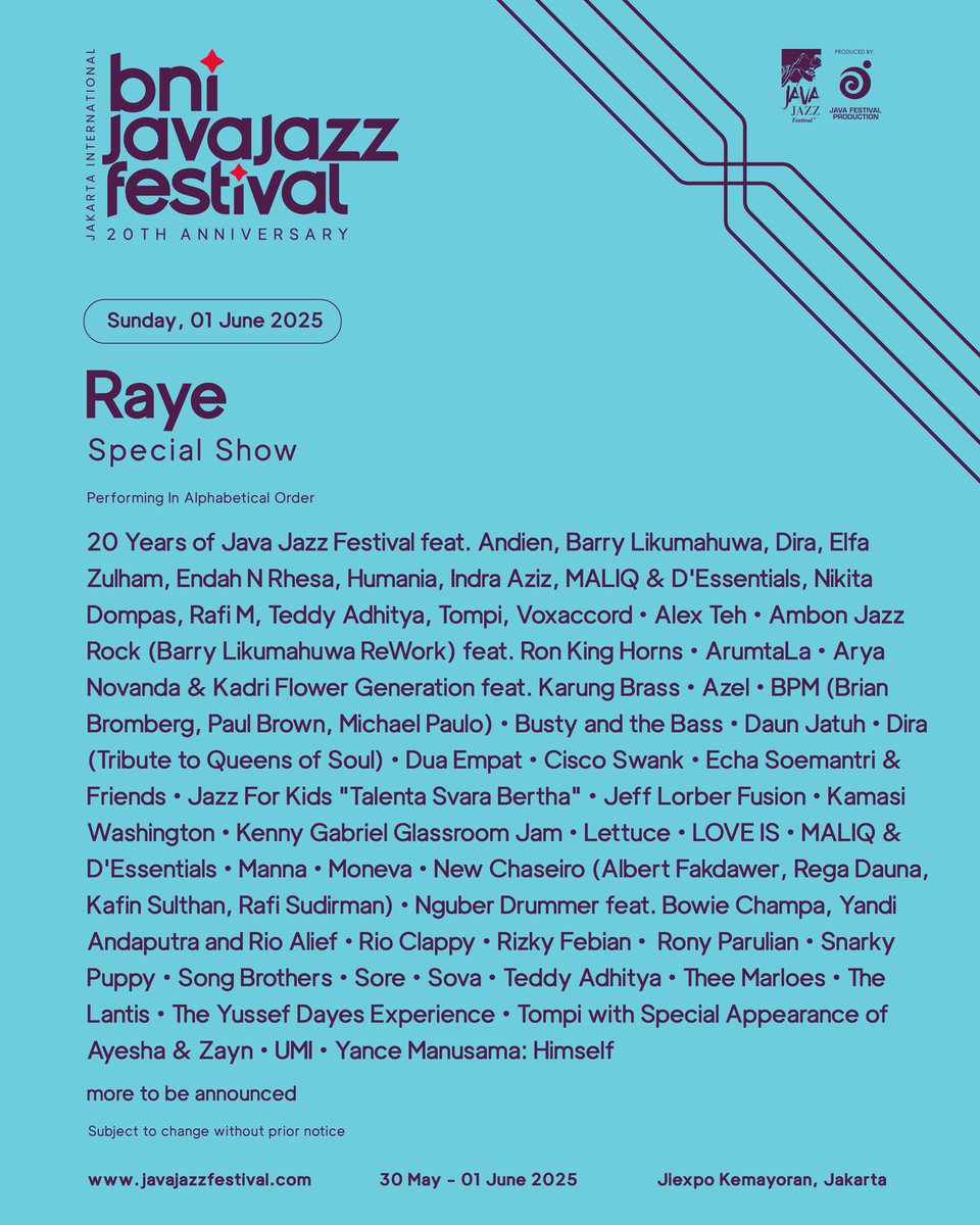 I’m truly excited for this amazing lineup! It’s an honor to bring such talented artists and good vibes to the scene.

Come and enjoy the the 20th Jakarta International Java Jazz Festival

#GoodVibesOnly #bnijjf  #javajazzfestival