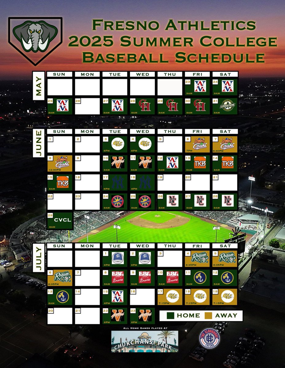 This is the INCREDIBLE Fresno A’s summer college wood bat schedule, 2025.  All home games at the spectacular Chukchansi Park/Grizzlies Stadium in Fresno.  Contact A’s marketing director Brandon Hepp at (559) 916-2448 to get your group outing set for great fun and great food at