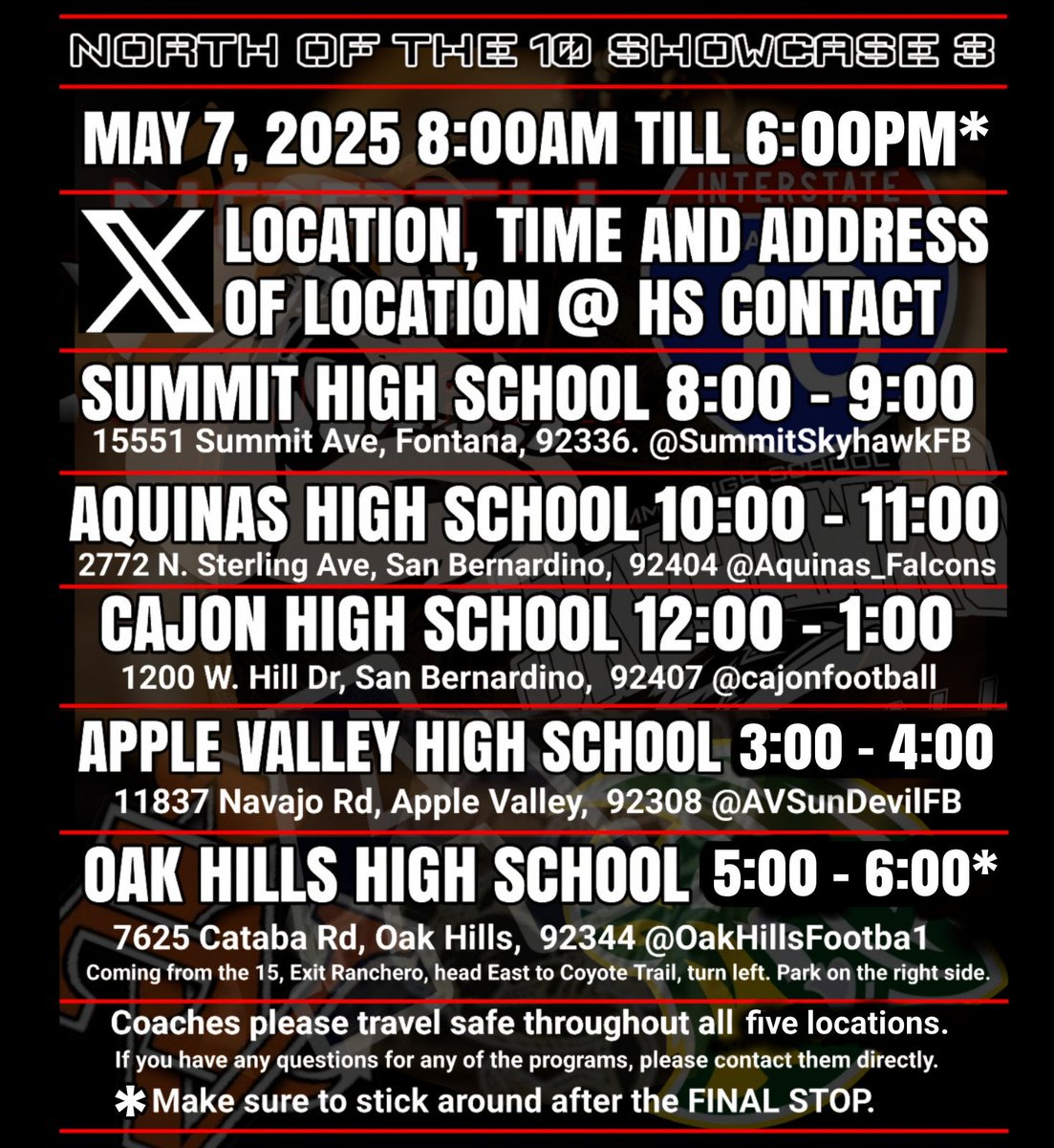 Coaches: here are your specifics for Wednesday, travel safe and we ALL can't wait to see you on our campuses. Let's Go! North of the 10 Showcase 3!