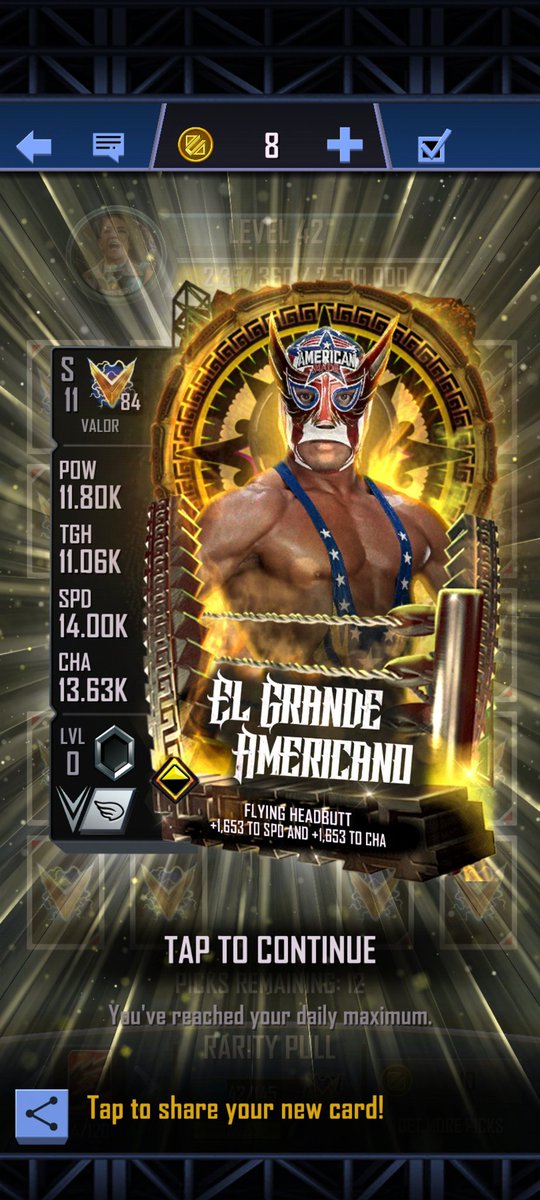 Johnny11119's tweet photo. @WWESuperCard They say Limited 2 per day and I already got 2 card per day. So fast @FUNKYT0WN49 @BrokenWWESC @itstygrysek https://t.co/Bg5gX15MeP