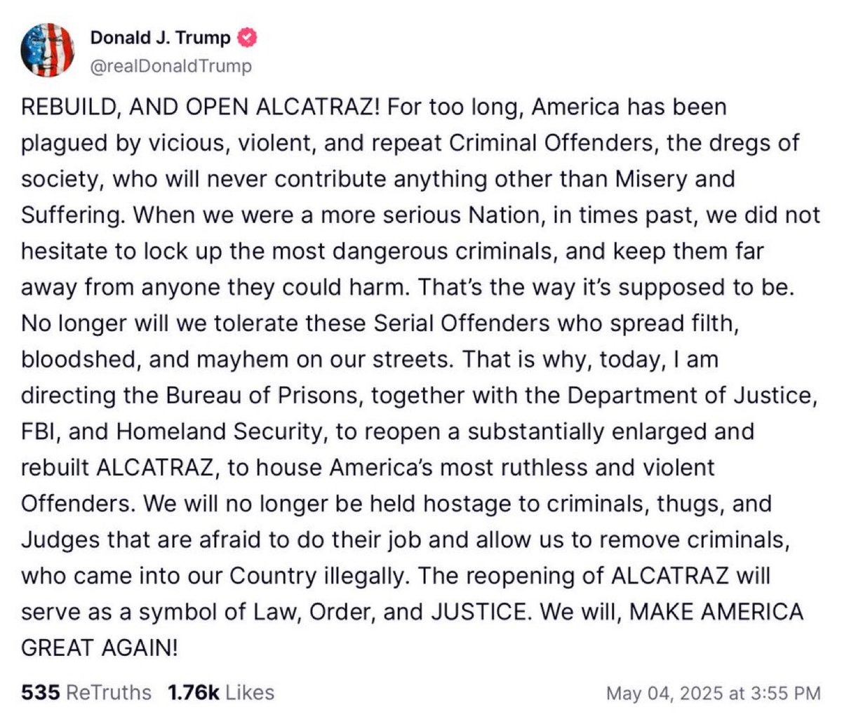 President Trump just called for the notorious Alcatraz prison to be restored and reopened. 

He wants it to be reopened to house the most dangerous criminals in our country so that they literally cannot return to polite society to harm anyone ever again unless they swim through