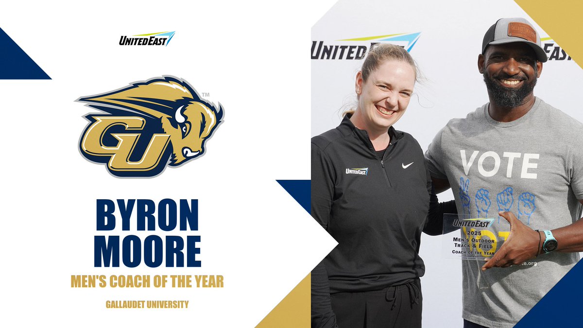 Gallaudet Bison (@gallaudetbison) on Twitter photo Congratulations to Gallaudet University's Byron Moore for being voted the 2025 United East Outdoor Men's Track and Field Coach of the Year. The Bison finished 4th in the championships hosted by Gallaudet at the Thomas O. Berg Track. #GUBison Congratulations to Gallaudet University's Byron Moore for being voted the 2025 United East Outdoor Men's Track and Field Coach of the Year. The Bison finished 4th in the championships hosted by Gallaudet at the Thomas O. Berg Track. #GUBison
