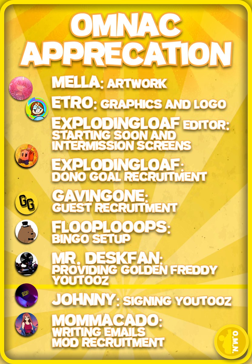 OneMoreNightAC's tweet image. Hey everyone! I&apos;d like to give some appreciation for the help we got this year with all the planning! Thank you to Mellacorn, @TheLegendEtro, @ExplodingLoaf, @GavinGoniwicha, @FloopLooops, @enforcerdud1, @Johnny_Stremaer, &amp;amp; @MommacadoYT for all their help with OMNAC!