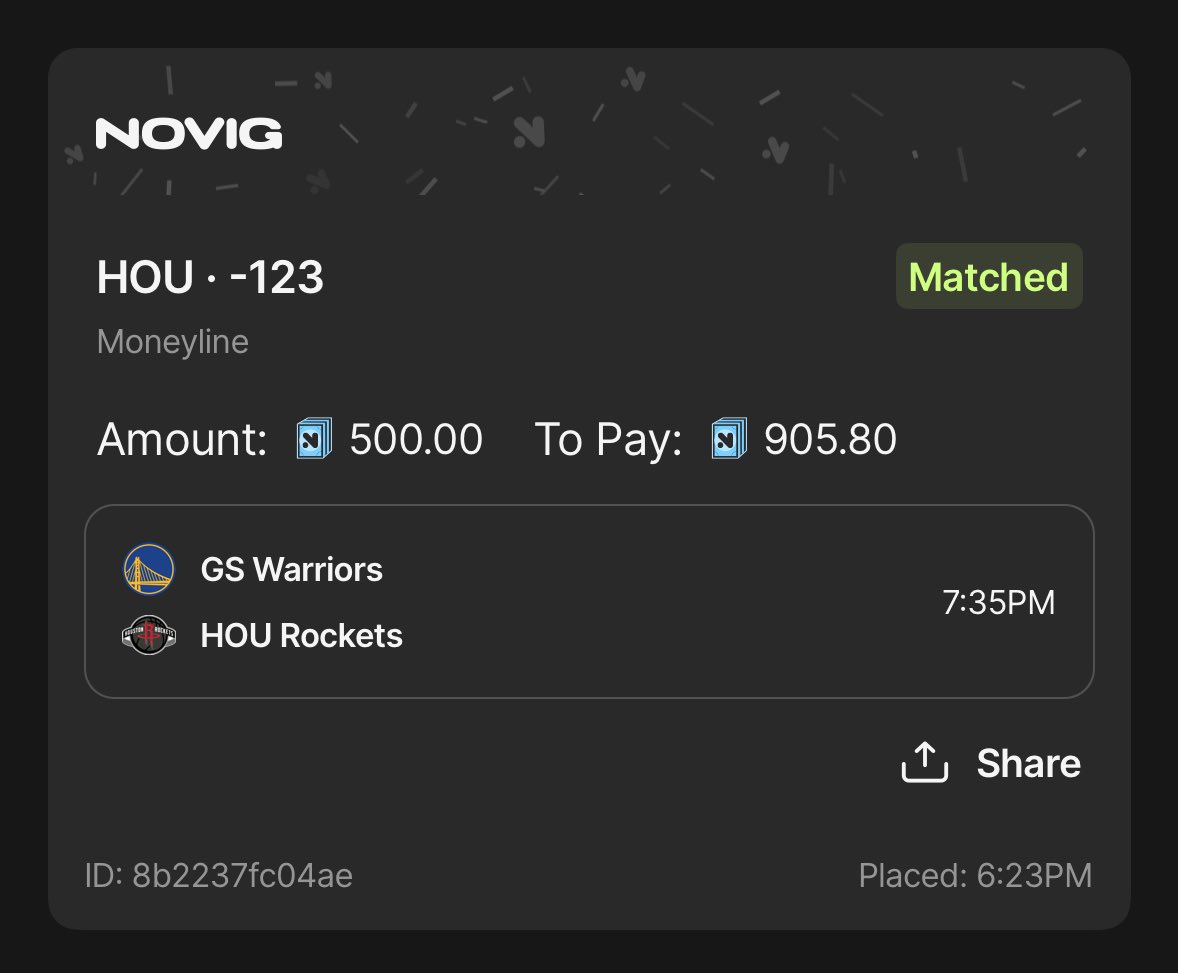 I’ll be sleeping in my tent under a bridge in Houston tonight if this loses. 

If it wins?

I’ll giveaway $100 to someone who likes/rt/comments under this post 

<a href="/novig_app/">Novig</a> &gt; <a href="/PlayProphetX/">ProphetX</a>