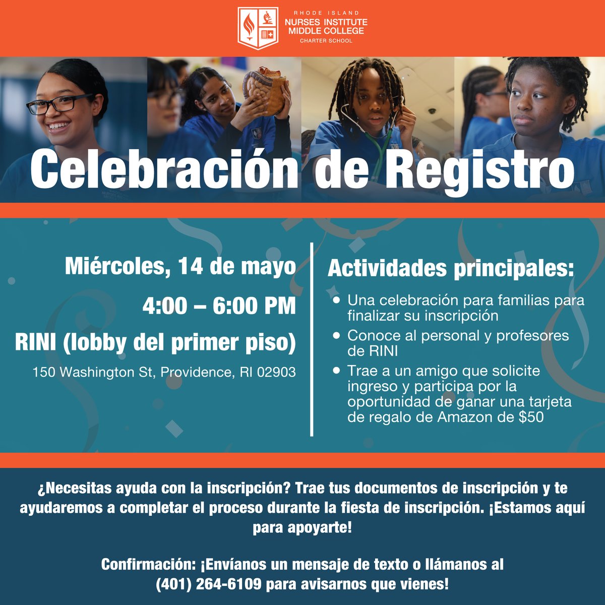 RINI Registration Event
📅 Wednesday, May 14th |
⏱️ 4–6 PM
📍First Floor Lobby @ RINI
✅ Finalize your enrollment
🎁 Enjoy giveaways + bring a friend who applies and get entered to win a $50 Amazon gift card!