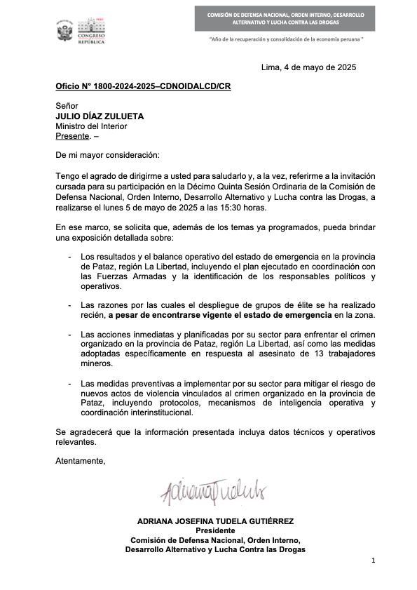 Expreso mis condolencias a las familias de los 13 mineros asesinados en Pataz. Este crimen confirma una vez más que los estados de emergencia decretados por el gobierno de Boluarte no dan resultados. 

Mañana en la Comisión de Defensa, escucharemos al ministro del Interior.