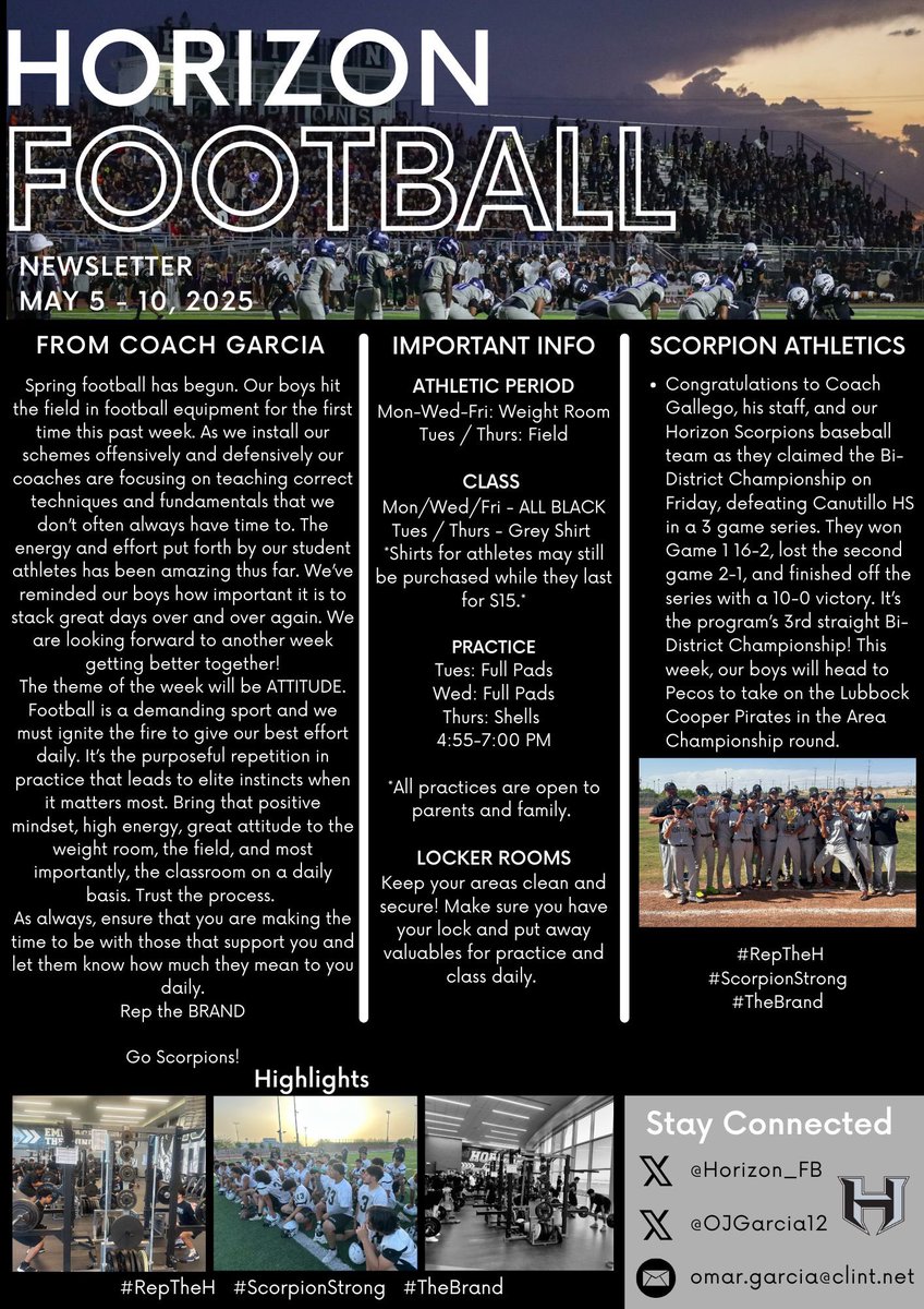 Horizon Football Newsletter Week of May 5-10, 2025. 
#RepTheH #ScorpionStrong #TheBrand