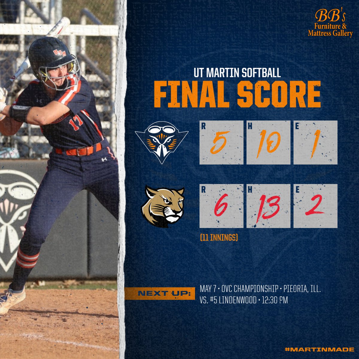UT Martin Athletics (@utmsports) on Twitter photo Skyhawks drop regular-season finale in 11 innings at SIUE.
The <a href="/UTMSoftball/">UT Martin Softball</a> team plays Lindenwood Wednesday in 1st round of <a href="/OVCSports/">Ohio Valley Conference</a> tournament.
🥎: Makarewicz - 2-for-4, 1 R, 2 RBI, 1 BB, HR
🥎: Robinson - 1-for-2, 1 RBI
🥎: A. Scott - 2-for-6, 1 R
🥎: Ky. Brown - 2-for-5 Skyhawks drop regular-season finale in 11 innings at SIUE.
The <a href="/UTMSoftball/">UT Martin Softball</a> team plays Lindenwood Wednesday in 1st round of <a href="/OVCSports/">Ohio Valley Conference</a> tournament.
🥎: Makarewicz - 2-for-4, 1 R, 2 RBI, 1 BB, HR
🥎: Robinson - 1-for-2, 1 RBI
🥎: A. Scott - 2-for-6, 1 R
🥎: Ky. Brown - 2-for-5