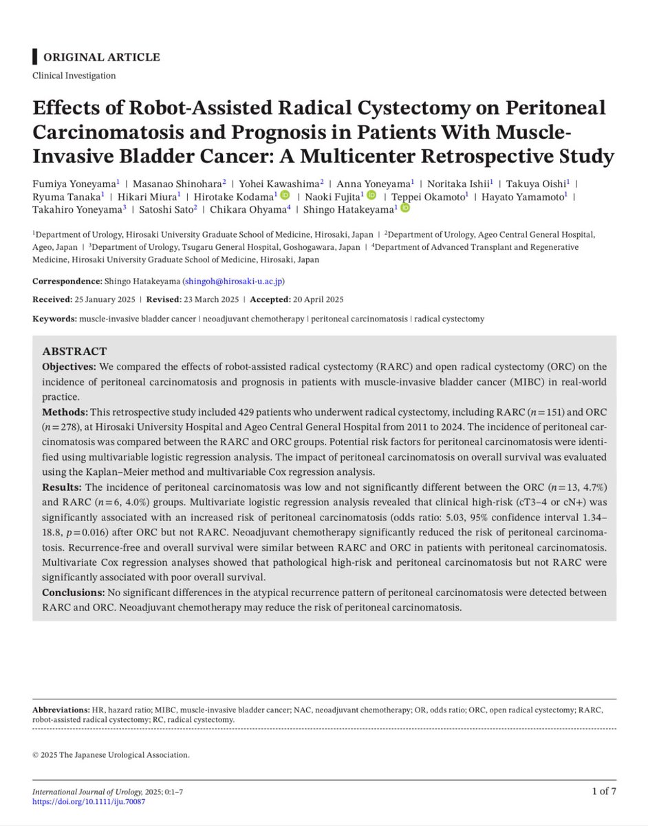 Laura Bukavina (@laurabukavinamd) on Twitter photo Is robotic cystectomy linked to more peritoneal carcinomatosis? Not according to this 429-patient multicenter study:
โ๏ธ ORC: 4.7%
๐ค RARC: 4.0%
๐ Neoadjuvant chemo โ PC risk by 76% (OR 0.24, p = 0.011)
Time to shift the narrative.
#BladderCancer <a href="/journal_urology/">international journal of urology and nephrology</a> <a href="/IntuitiveSurg/">Intuitive</a> Is robotic cystectomy linked to more peritoneal carcinomatosis? Not according to this 429-patient multicenter study:
โ๏ธ ORC: 4.7%
๐ค RARC: 4.0%
๐ Neoadjuvant chemo โ PC risk by 76% (OR 0.24, p = 0.011)
Time to shift the narrative.
#BladderCancer <a href="/journal_urology/">international journal of urology and nephrology</a> <a href="/IntuitiveSurg/">Intuitive</a>