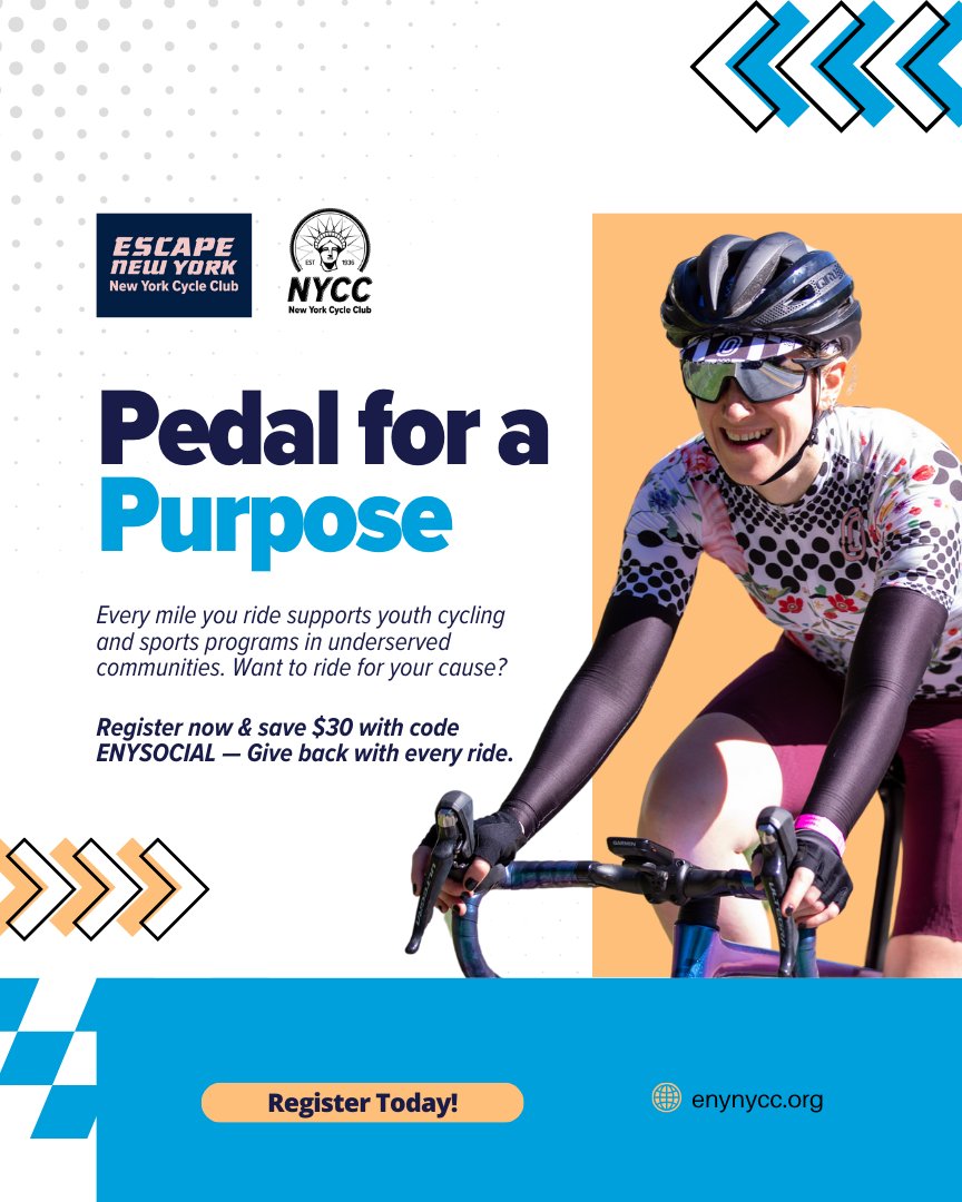 Ride with heart. Every pedal stroke helps fund youth cycling and sports programs in underserved communities. Don’t see your charity send us a DM. Use the code ENYSOCIAL for $30 off registration and receive a year's membership to NYCC  bit.ly/4hYCTl4  Please Share! 🫶