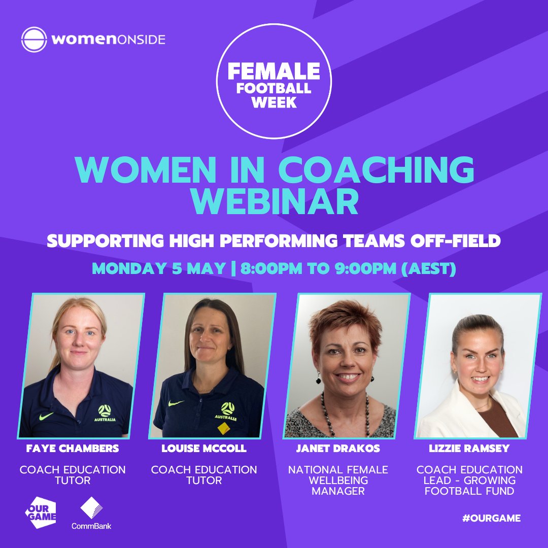 FootballQLD's tweet image. Football Australia's 1st webinar brings together coaching experts Janet Drakos, Faye Chambers, Louise McColl &amp;amp; Lizzie Ramsay. 📋🖥️

The #FFW webinar is targeted at those in the community who are coaching, aspiring coaches or parents of players.

More 👉 bit.ly/3Z0AjDI
