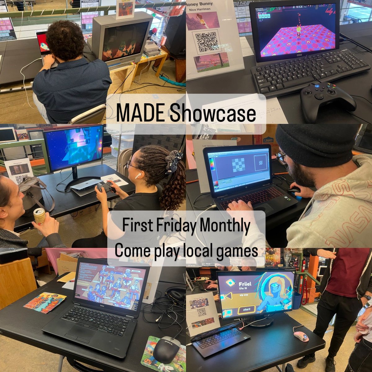 Join The Museum of Art and Digital Entertainment on the first Friday of each month for The MADE Showcase! Drop by to try out some indie games, see cool creations and meet other local devs and gamers. The next Event is on June 6th, 2025. 
Learn more themade.org/showcase