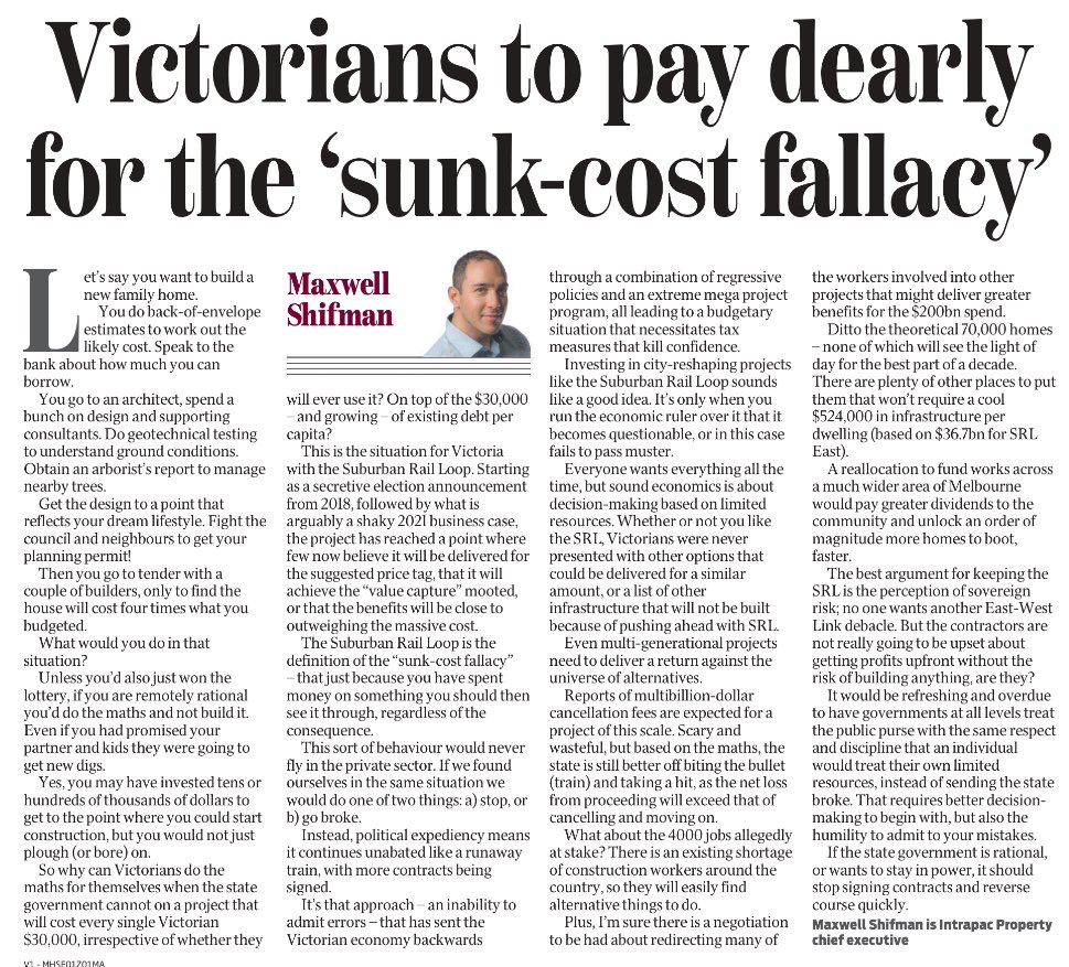 Extraordinary opinion piece! Max Shifman, a developer, is saying Suburban Rail Loop isn’t worth it, we can build homes faster without it, and housing can be built in many other places that don’t require half a million dollars in infrastructure per home! 

#springst