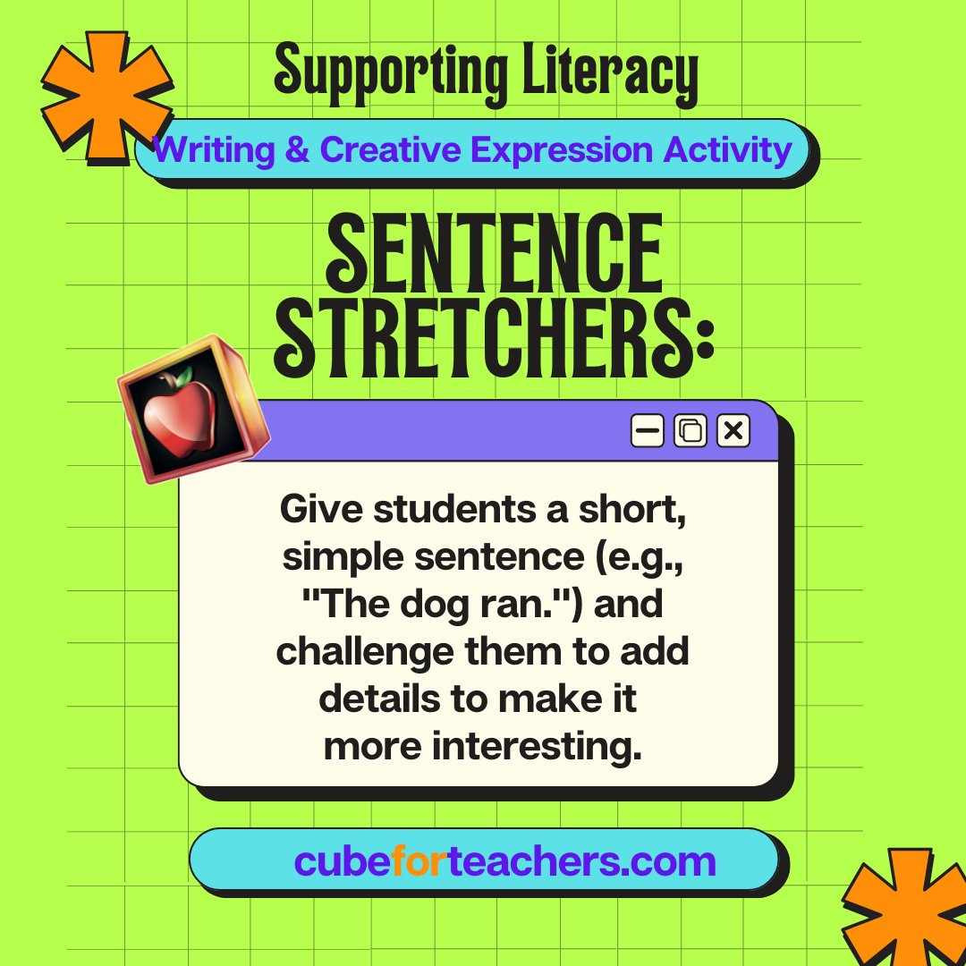 cubeforteachers's tweet image. ✏️📚 Sentence Stretchers!
From “The dog ran” to “The fluffy dog ran through the park chasing a red ball!” 🐶🎾 Students stretched simple sentences into exciting stories!
#SentenceStretchers #WritingFun #cubeforteachers #LiteracyBoost #CreativeWriting #ElementaryELA