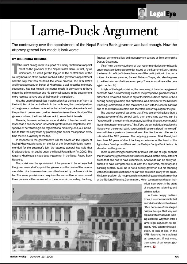 After months of reading about the imminent appointment of #NRBGovernor, couldn’t help but share my husband Jogendra Ghimire’s column, written 20 years ago for The Nation, on the possible appointment of an #NRB executive director to the position. Two decades later,  we seem to be