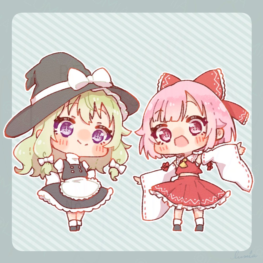 lu_mia39's tweet image. 東方Project コラボ
おめでとうございます✨✨👏👏👏
コラボ楽曲中毒性ありすぎるし
MV大集合でずっと見てられるーっ！😆

霊夢ちゃんと魔理沙ちゃんの衣装を着てみたダショ女の子たちを1枚☘️

#イラスト #プロセカ  #prsk_FA #1日1絵 #毎日投稿  #草薙寧々  #鳳えむ