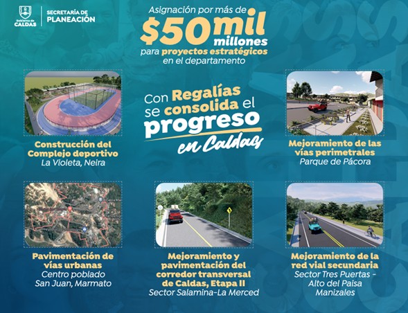 Más de $50 mil millones de Regalías invertirá la <a href="/GoberCaldas/">Gobernación de Caldas</a> en mejoramiento vial, infraestructura urbana y construcción de espacios deportivos 🏁 que beneficiarán a los municipios de Palestina, Manizales, Pácora, Salamina, La Merced, Neira y Marmato.