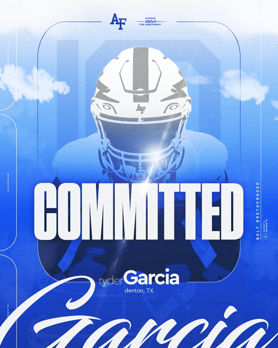 Ryder Garcia (@ryderg10_2026) on Twitter photo “For I know the plans I have for you, plans to prosper you and not to harm you, plans to give you hope and a future.” -Jer 29:11
After much prayer and submission, I am proud to be a part of the #BoltBrotherhood
<a href="/CoachTCalhoun/">Troy Calhoun</a> <a href="/AF_Football/">Air Force Football</a> <a href="/CoachLamAF/">Ken Lamendola</a> <a href="/coachskene3/">Brett Skene</a> “For I know the plans I have for you, plans to prosper you and not to harm you, plans to give you hope and a future.” -Jer 29:11
After much prayer and submission, I am proud to be a part of the #BoltBrotherhood
<a href="/CoachTCalhoun/">Troy Calhoun</a> <a href="/AF_Football/">Air Force Football</a> <a href="/CoachLamAF/">Ken Lamendola</a> <a href="/coachskene3/">Brett Skene</a>