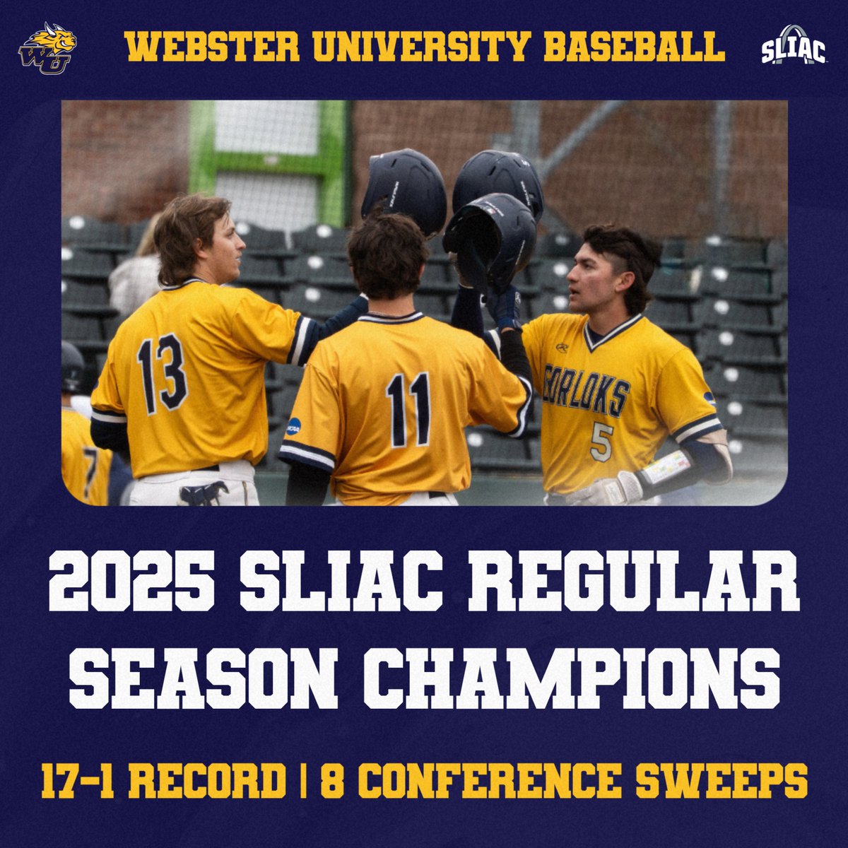 BSB | The No. 14 Webster University baseball are the 2025 SLIAC Baseball Regular Season Champions!

The Gorloks earned eight conference sweeps that led to a 17-1 SLIAC record.
