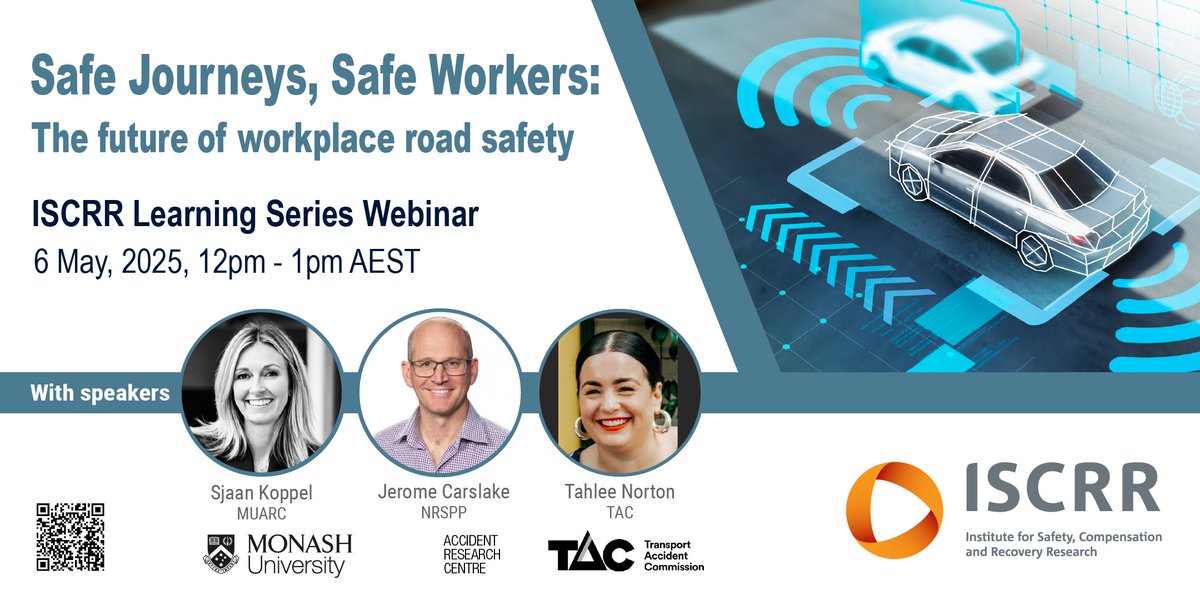 Don't miss our next Learning Series #webinar TOMORROW at 12pm. Join experts from
<a href="/MUARCresearch/">MUARC</a>, <a href="/NRSPPaus/">NRSPP</a>, &amp; <a href="/TACVictoria/">TAC</a> as they discuss the future of workplace road safety. Register today: trybooking.com/DAWSB