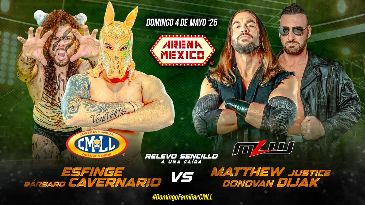 CMLL_OFICIAL's tweet image. Matthew Justice y Donovan Dijak han aprovechado un error de Esfinge y Bárbaro Cavernario para propinarles una dolorosa derrota en el tercer encuentro de esta tarde.  

#DomingoFamiliarCMLL 
#CMLLvsMLW