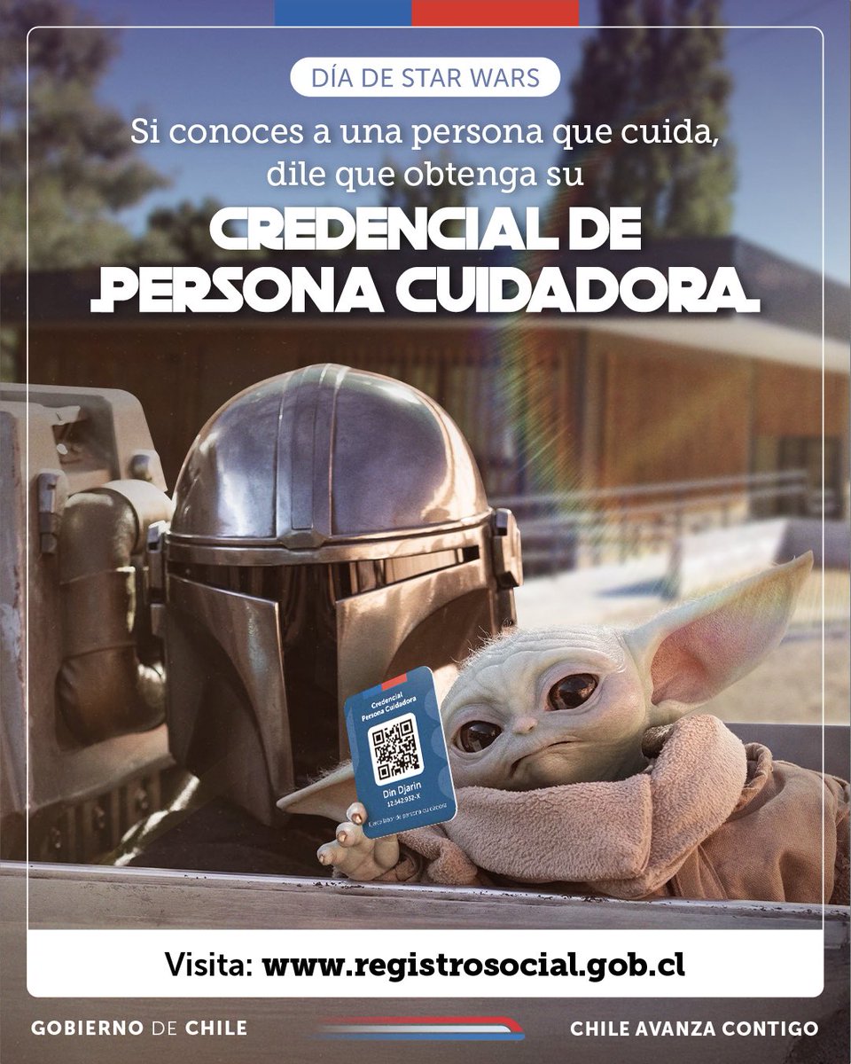 En toda la galaxia quienes cuidan merecen reconocimiento 💚 

Si conoces a alguien que cumpla labores de cuidado no remunerados, compártele esta publicación para que obtenga su Credencial de Persona Cuidadora. #MayThe4thBeWithYou

🫂 Este es el camino: registrosocial.gob.cl