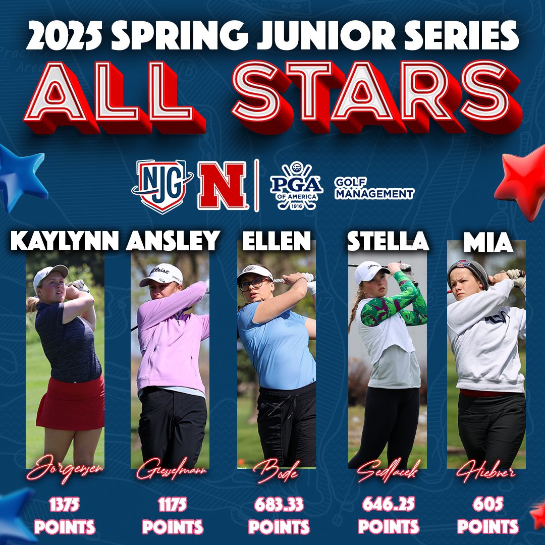 Introducing our 2025 Spring Junior Series All-Stars! 🌟 

🏌️‍♀️Minden’s <a href="/KayLynnJorgens1/">KayLynn Jorgensen</a>
🏌️‍♀️Fremont’s <a href="/AnsleyGoose/">Ansley Giesselmann</a> 
🏌️‍♀️Omaha’s Ellen Bode
🏌️‍♀️Columbus’ Stella Sedlacek
🏌️‍♀️Henderson’s Mia Hiebner

Great playing to this group! They had it rolling all spring. 👏 

<a href="/UNLPGM/">UNL PGA Golf Management</a> | #SJS
