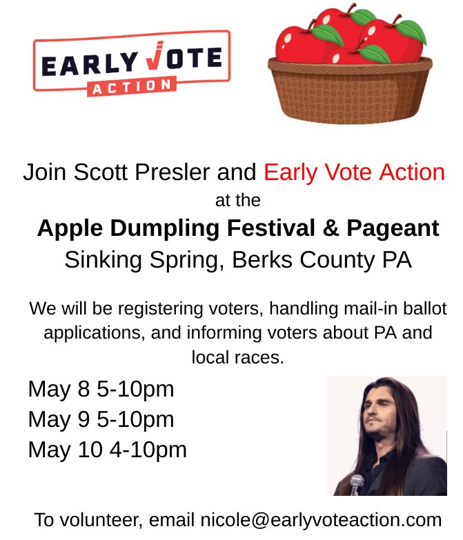 From May 8-10, we will be registering voters at the Apple Dumpling Festival in Sinking Spring, PA. 

More than 25,000 people attend this event &amp; we will make sure every person is registered to vote. 

Keeping my head down &amp; putting in the work.