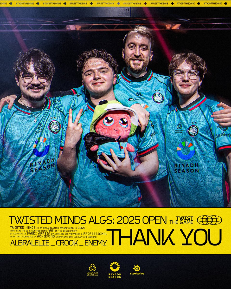 TwisMinds's tweet image. TOP 6. GGs. 

JUST THE BEGINNING, THANKS TO OUR PLAYERS 🧠

نهاية مشوارنا بالمركز السادس، شكرًا لاعبينا الجاي أفضل 🩷

#TwistTheGame #ALGSOpen