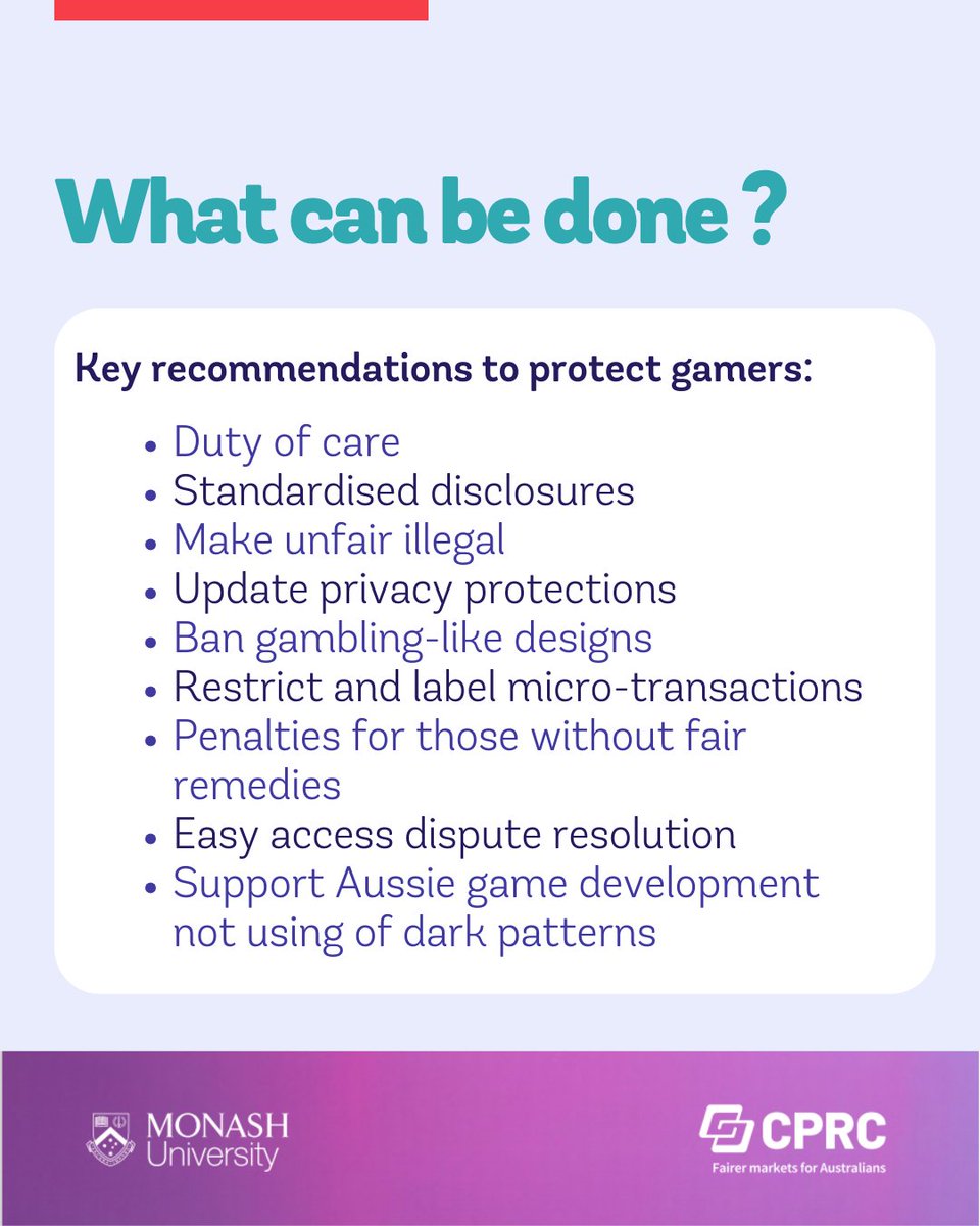 📣 Stronger protections for Australian gamers needed! Ban exploitative mechanics &amp; restrict hidden microtransactions. Read our recommendations: cprc.org.au/report/playing… #PolicyReform #ConsumerRights #DigitalRegulation