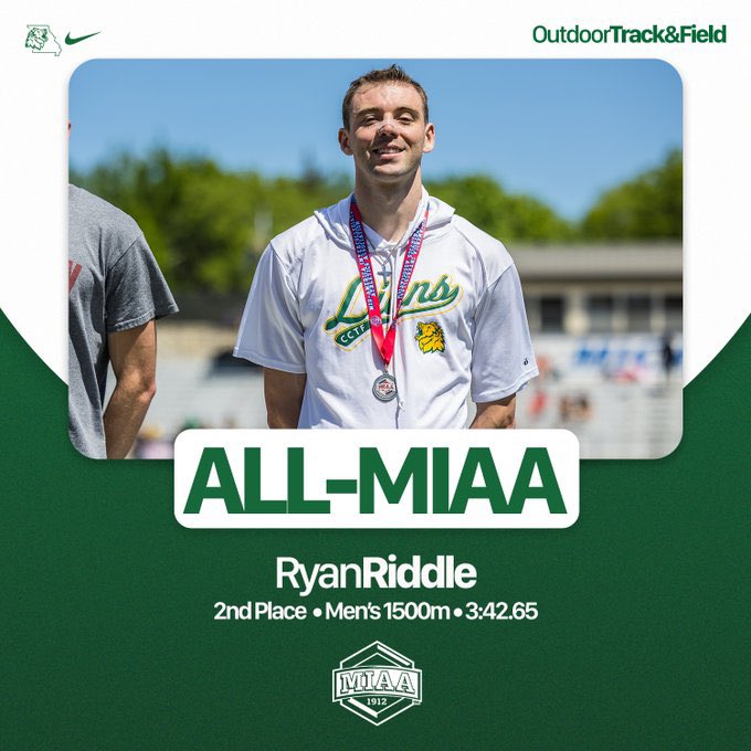 🚨 ALL-MIAA &amp; SCHOOL RECORD 🚨

Ryan Riddle finished 2nd in the men’s 1500m, earning All-MIAA honors and breaking the MIAA, stadium, and MSSU school records with an NCAA Qualifying Time of 3:42.65! 🦁