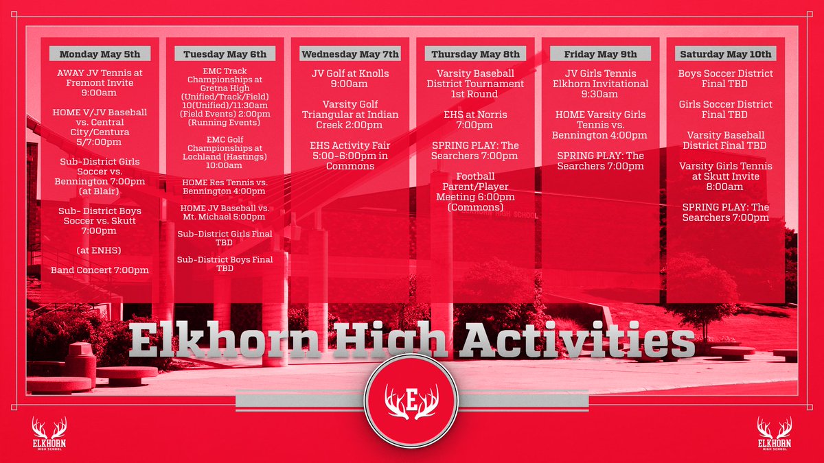 We are officially entering in the post-season &amp; major conference tournaments for all spring sports! Good luck to all teams &amp; individuals competing this week. 

Also, come out &amp; support one of the three showings this week, as Elkhorn High presents our spring play: The Searchers.