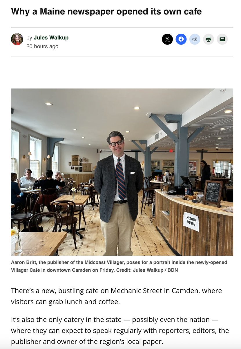 Andrew Revkin 🌎 ✍🏼 🪕 ☮️ (@revkin) on Twitter photo Great #localjournalism innovation with engagement moving from clicks to meeting over coffee:
Why a Maine newspaper opened its own cafe bangordailynews.com/2025/05/04/mid… via <a href="/bangordailynews/">Bangor Daily News</a>
~~
“I believe that the job of a newspaper is not the same as it was 35, 40 years ago when I Great #localjournalism innovation with engagement moving from clicks to meeting over coffee:
Why a Maine newspaper opened its own cafe bangordailynews.com/2025/05/04/mid… via <a href="/bangordailynews/">Bangor Daily News</a>
~~
“I believe that the job of a newspaper is not the same as it was 35, 40 years ago when I