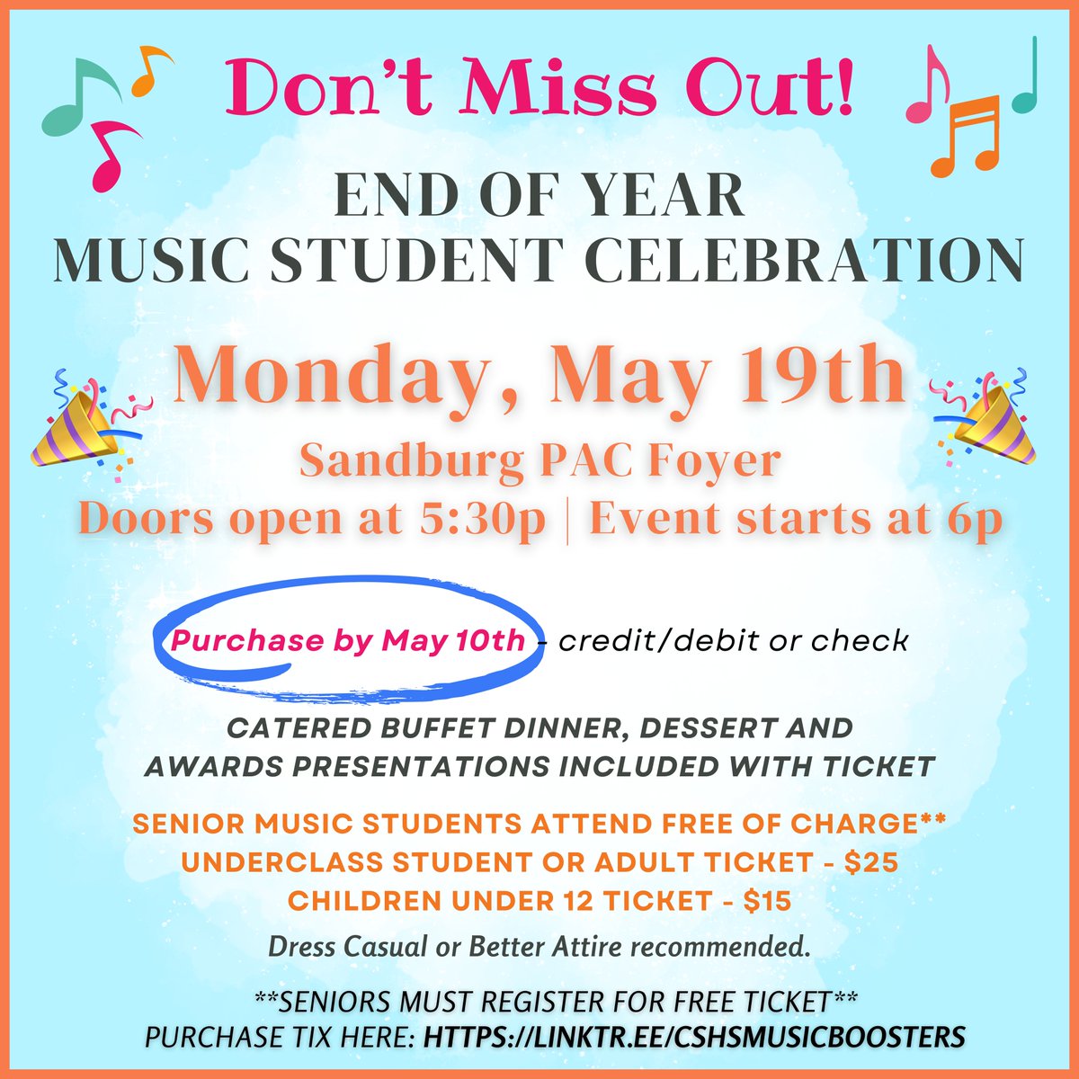 Don't Miss Out on the End of Year Music Student Celebration on May 19th at 6pm - reserve your spot by May 10th!   Seniors come as our guests BUT you need to register  See all of the details and payment links here:  cshsmusicboosters.weebly.com/end-of-year-ce…