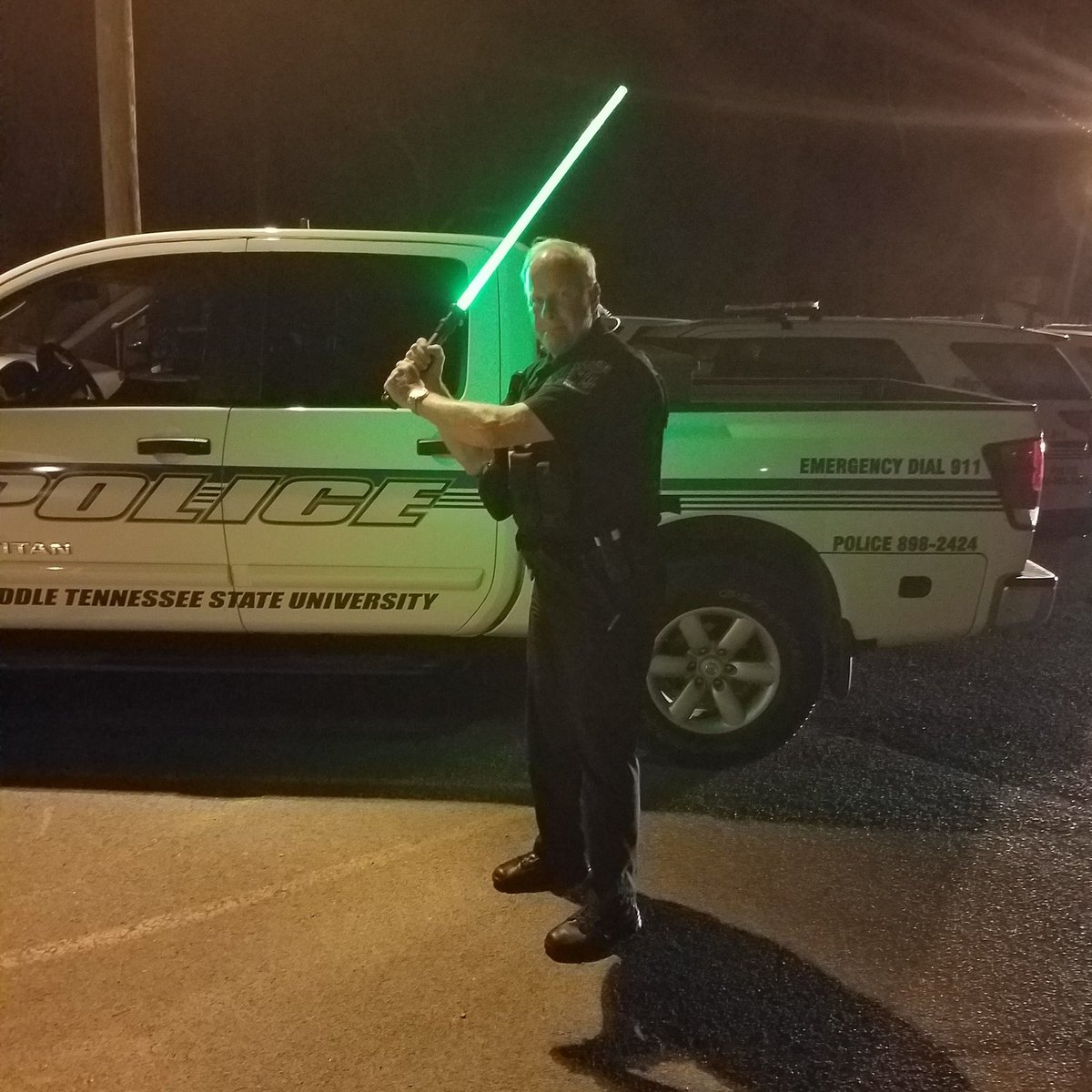 MAY THE FOURTH BE WITH YOU: 

Officer Wayne Crowell testing out some potential new equipment for patrol. 

#mtsu