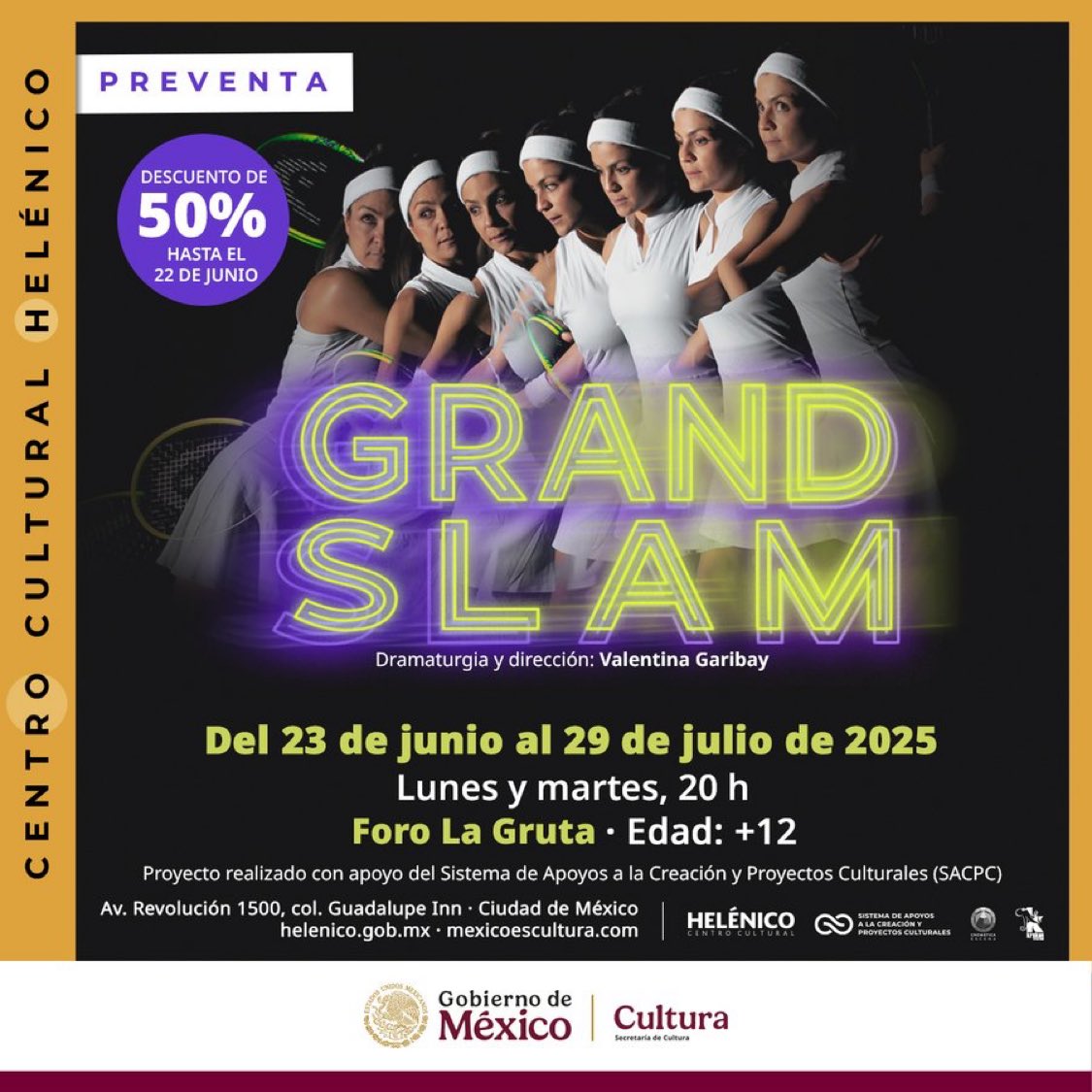 Lemon Mx (@lemonmexico) on Twitter photo 🎾🎭 Una raqueta, mil emociones. En #GrandSlam cada swing es un acto de pasión. Siente la emoción de los 90´s en cada movimiento.
El monólogo de <a href="/ValGaribay/">Valentina Garibay</a>, trae la competencia más emocionante.
🗓Del 23 de junio al 29 de julio
Lunes y martes | Foro La Gruta del <a href="/Helenico/">Centro Cultural Helénico</a> 🎾🎭 Una raqueta, mil emociones. En #GrandSlam cada swing es un acto de pasión. Siente la emoción de los 90´s en cada movimiento.
El monólogo de <a href="/ValGaribay/">Valentina Garibay</a>, trae la competencia más emocionante.
🗓Del 23 de junio al 29 de julio
Lunes y martes | Foro La Gruta del <a href="/Helenico/">Centro Cultural Helénico</a>