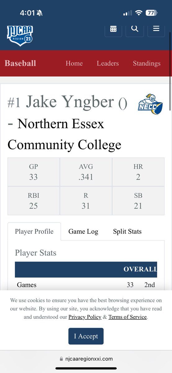 Jake Yngber 
Juco freshman 
Northern Essex 
Catcher 
End of regular season stats
