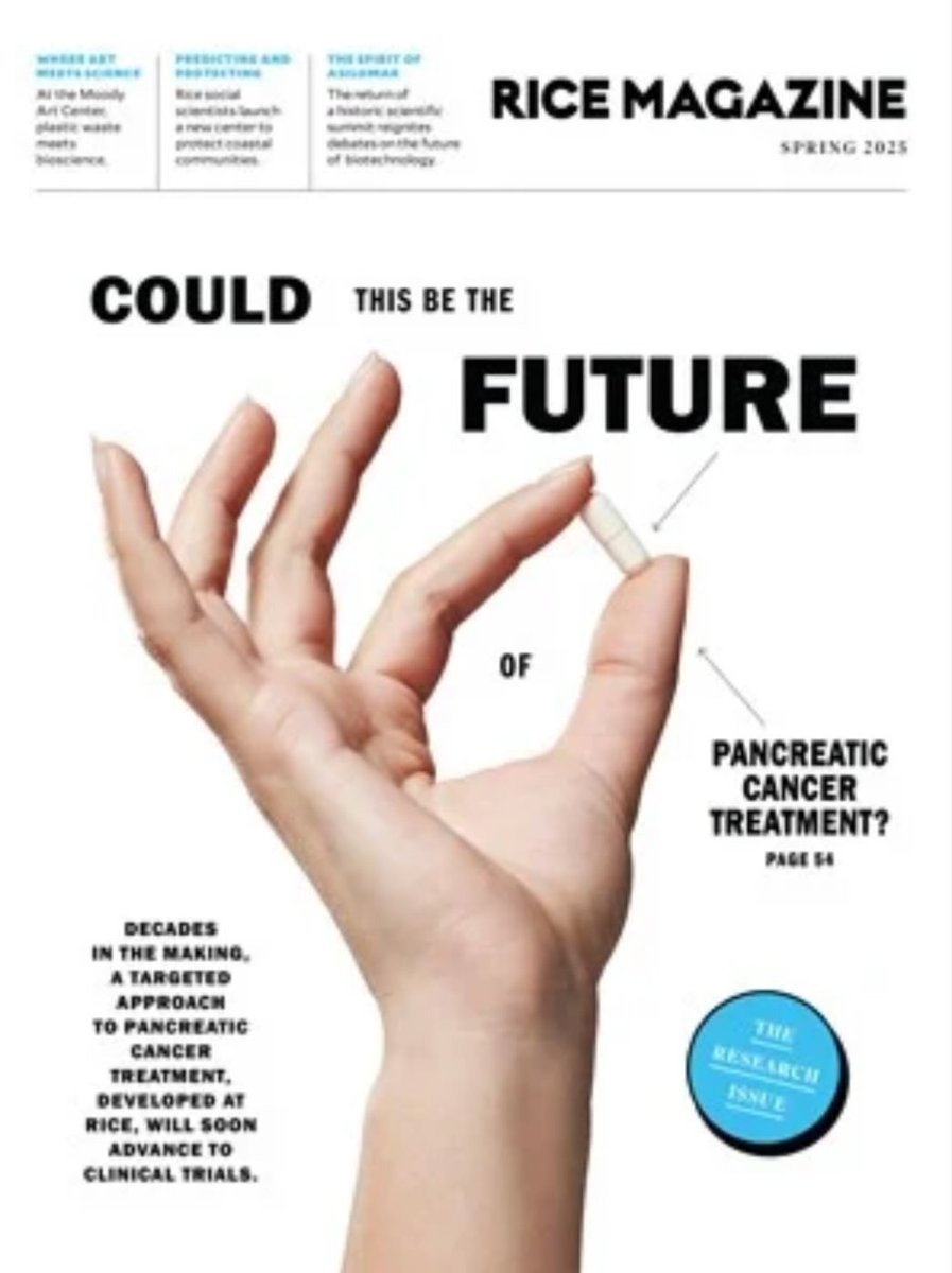 Aiims1742's tweet image. A novel modality for #PancreaticCancer therapy on the cover of @RiceUniversity magazine. The subject of radioprotection  was near &amp;amp; dear to Cullen Taniguchi’s heart. I am glad to see progress on this @RiceUniversity - @MDAndersonNews collaboration! 
magazine.rice.edu/spring-2025/br…