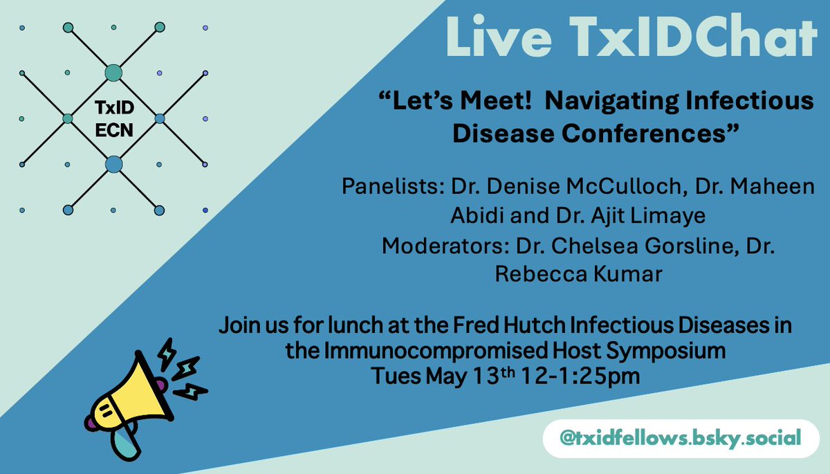 TxID Early Career Network (@txid_fellows) on Twitter photo Attending the Fred Hutch Infectious Diseases in the Immunocompromised Host Symposium? Join us over lunch on Tues May 13th for a LIVE #TxIDChat with fantastic panelists on how to get the most out of attending an ID conference!
#IDXPosts #TxID <a href="/GorslineChelsea/">Chelsea Gorsline MD</a> <a href="/rebecca_kumar/">Rebecca Kumar, MD</a> Attending the Fred Hutch Infectious Diseases in the Immunocompromised Host Symposium? Join us over lunch on Tues May 13th for a LIVE #TxIDChat with fantastic panelists on how to get the most out of attending an ID conference!
#IDXPosts #TxID <a href="/GorslineChelsea/">Chelsea Gorsline MD</a> <a href="/rebecca_kumar/">Rebecca Kumar, MD</a>