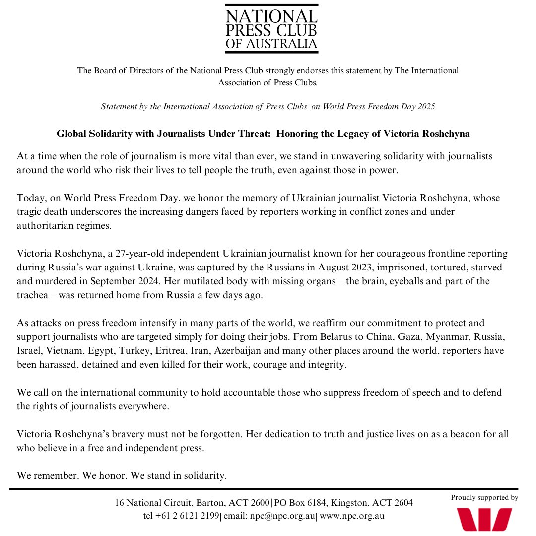 We are grateful <a href="/PressClubAust/">National Press Club</a> for their powerful and principled stand in condemning the horrific killing of Ukrainian investigative journalist Victoria Roshchyna by Russian forces in the occupied territories.