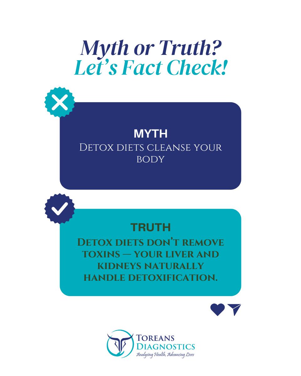 ToreansD's tweet image. 🥗 Myth Busted!

 &quot;Detox diets cleanse your body.&quot;

❌ Not really.

✅ Fact: There’s no scientific proof that detox diets remove toxins. 

#HealthFacts #DetoxMyth #ToreansDiagnostics
